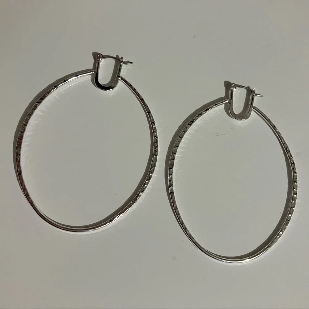 Textured Silver Oval Hoop Earrings - Picture 1 of 4